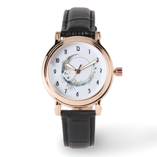 Blauwe halve maan met witte bloemen horloge (Voorkant)