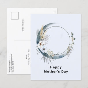 Blauwe Halve Maan met Witte Bloemen Moederdag Feestdagenkaart