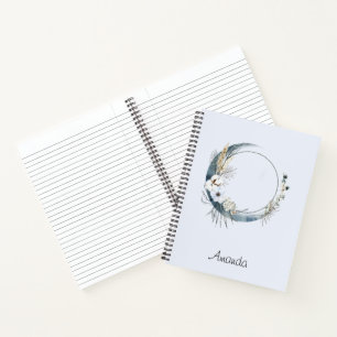 Blauwe halve maan met witte bloemen notitieboek