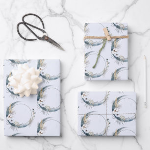 Blauwe halve maan met witte bloemen patroon inpakpapier vel