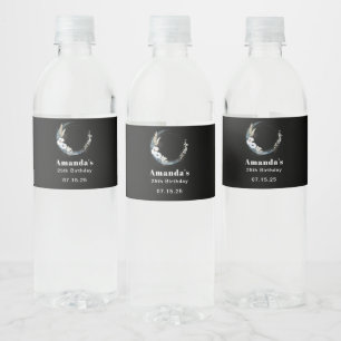 Blauwe Halve Maan met Witte Bloemen - Verjaardag Waterfles Etiket