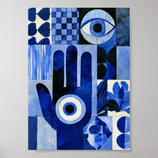Blauwe Hamsa-hand Evil Eye Geometrische Abstracte Poster