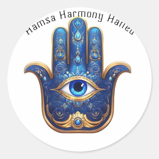  Blauwe Hamsa Hand met Evil Eye Symbool Ronde Sticker (Voorkant)