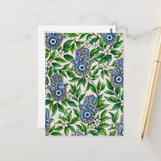 Blauwe Hamsa Hand van Fatima Bloempatroon Briefkaart