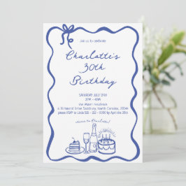 BLAUWE Hand Getrokken 30ste Verjaardag Uitnodiging