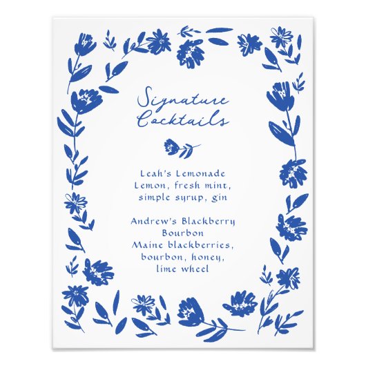 Blauwe Hand getrokken Bloem Signature Cocktail tek Foto Afdruk (Voorkant)