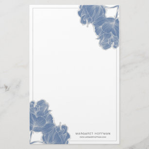 Blauwe Hand Getrokken Bloemen Pioenen Stationery Briefpapier