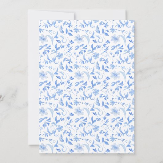 Blauwe hand getrokken folk bloemenbruiloft uitnodi kaart (Achterkant)