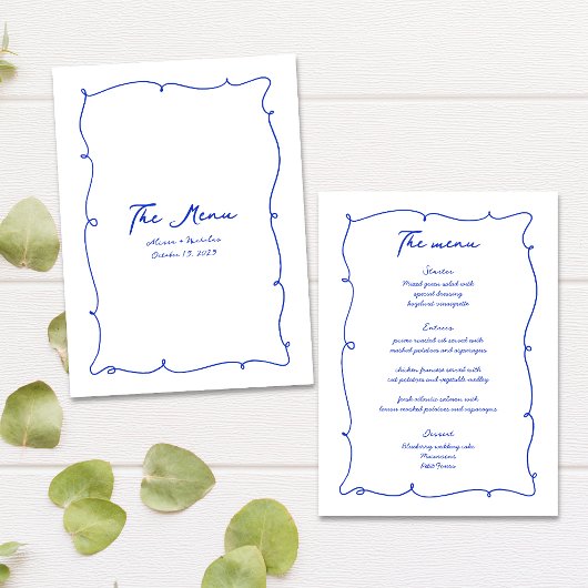 Blauwe Hand Getrokken Golvende Rand & Script Bruil Menu
