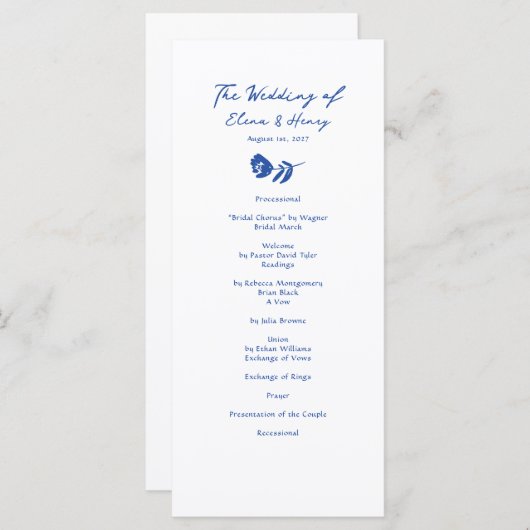 Blauwe Hand getrokken grillige bloem bruiloft prog Menu (Voorkant / Achterkant)