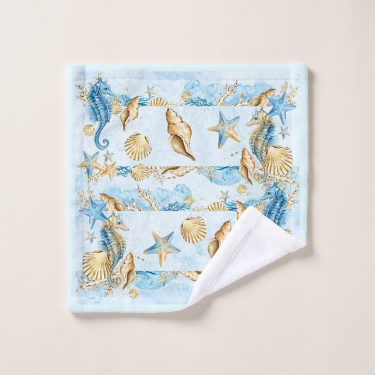 Blauwe handdoek Set schelpen zeesterren Oceaan (Wasdoekje)