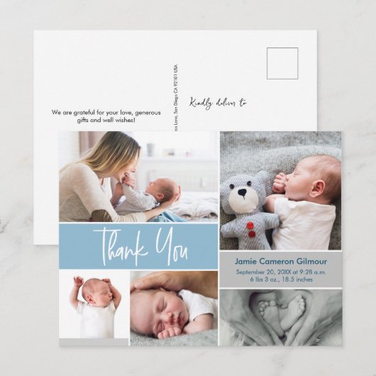 Blauwe handlettering fotocollage babyshower briefkaart (Voorkant / Achterkant)