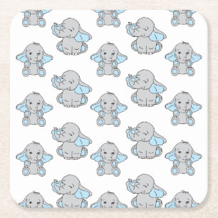 Blauwe handtekening Elephant Pattern Cartoon Vierkante Kartonnen Onderzetter