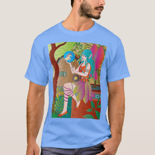 Blauwe harige fee met eenhoorn in een blauw wereld t-shirt