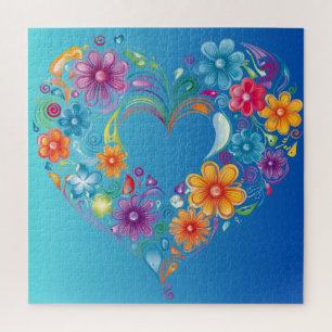 Blauwe Hart Bloemen Puzzel