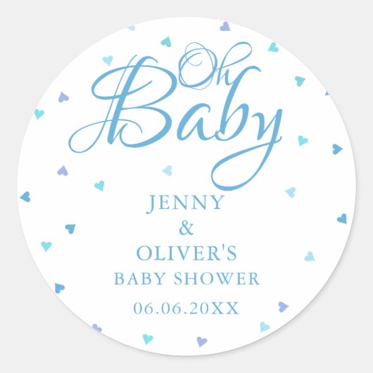 Blauwe Harten Oh Baby Koppel Baby Jongen Shower Ronde Sticker (Voorkant)