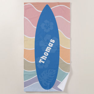 Blauwe Hawaï-surboard op pastelgolven Strandlaken