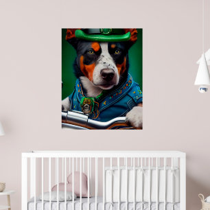 Blauwe Heeler-hond rijdt op fiets St. Patrick's Da Poster