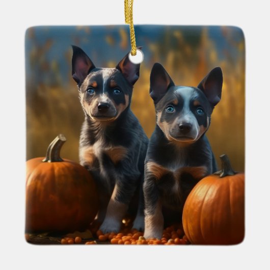 Blauwe Heeler Puppy Herfst Delight Pompoen Keramisch Ornament (Voorkant)