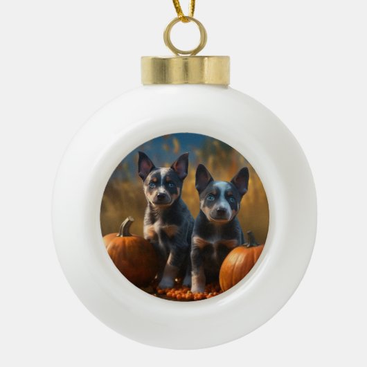 Blauwe Heeler Puppy Herfst Delight Pompoen Keramische Bal Ornament (Voorkant)