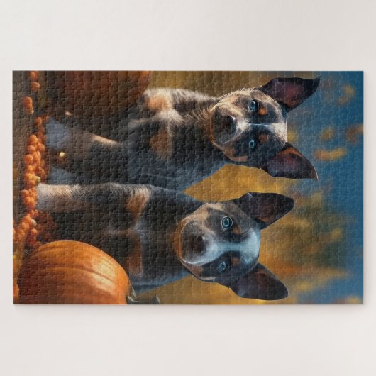 Blauwe Heeler Puppy Herfst Delight Pompoen Legpuzzel (Horizontaal)