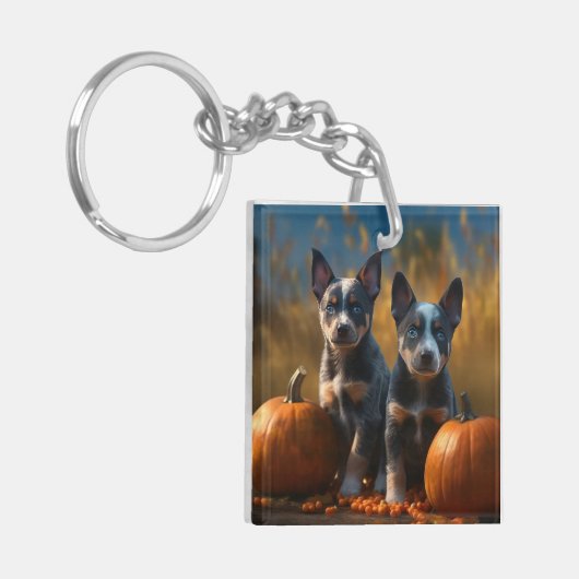 Blauwe Heeler Puppy Herfst Delight Pompoen Sleutelhanger (Voorkant Links)