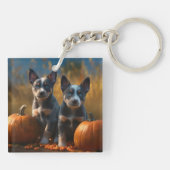 Blauwe Heeler Puppy Herfst Delight Pompoen Sleutelhanger (Achterkant)
