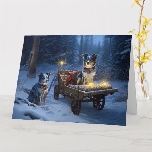 Blauwe Heeler Sneeuwslee Kerstdecoratie Kaart (Gele Bloem)