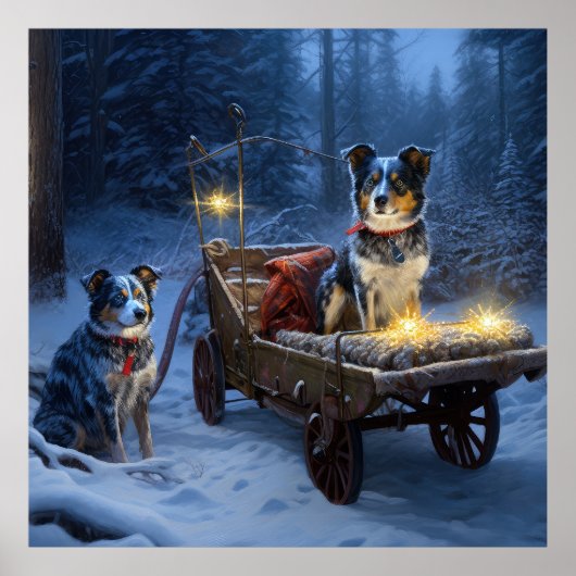 Blauwe Heeler Sneeuwslee Kerstdecoratie Poster (Voorkant)