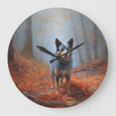 Blauwe Heeler tussen herfstbladeren Fall Inspireer Grote Klok (Voorkant)