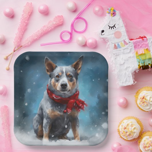 Blauwe heler hond in sneeuw Kerstmis Papieren Bordje (Feest)