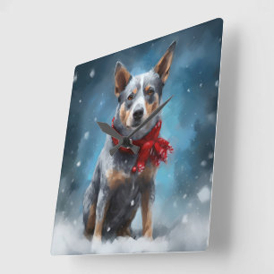 Blauwe heler hond in sneeuw Kerstmis Vierkante Klok