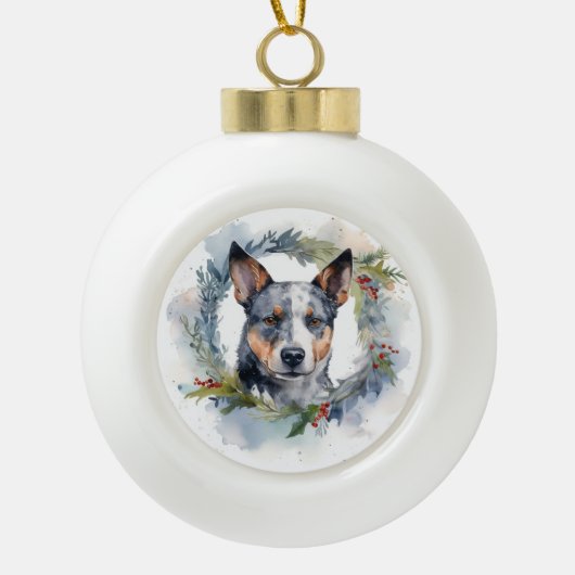 Blauwe heler Kerstkrans feestelijke pup Keramische Bal Ornament (Voorkant)