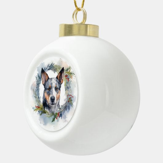 Blauwe heler Kerstkrans feestelijke pup Keramische Bal Ornament (Rechts)