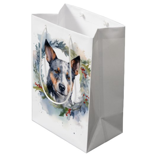 Blauwe heler Kerstkrans feestelijke pup Medium Cadeauzakje (Achterkant Gekanteld)