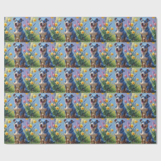 Blauwe Heller Hond Spring Bloemen Schilderen Cadeaupapier (Vlak)