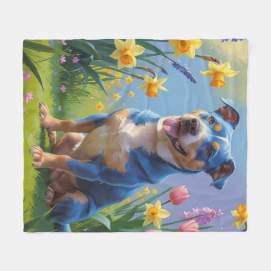 Blauwe Heller Hond Spring Bloemen Schilderen Fleece Deken (Voorkant (Horizontaal))