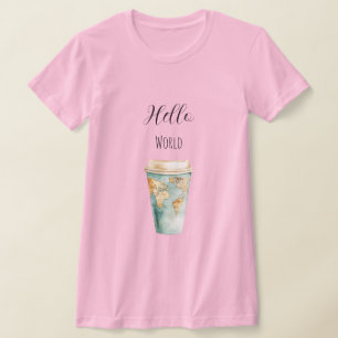 Blauwe Hello World koffiekop T-shirt