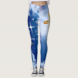 Blauwe hemel met witte wolken en gouden kruis leggings