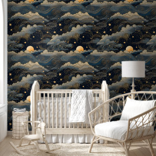 Blauwe hemel sterren maan retro behang