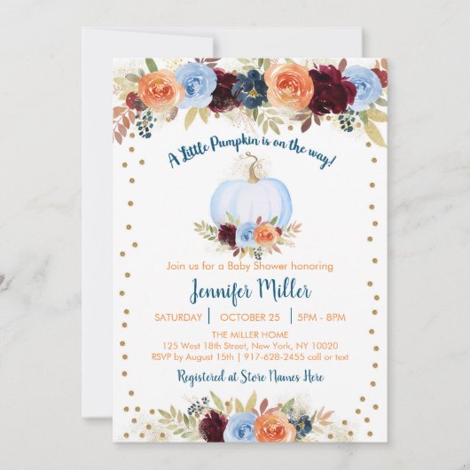 Blauwe Herfst Pumpkin Floral Baby shower Kaart (Voorkant)