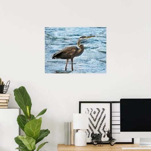 Blauwe Heron in blauw water Poster (Thuiskantoor)