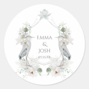 Blauwe Heron Watervogels Witte Bloemen Etherische  Ronde Sticker