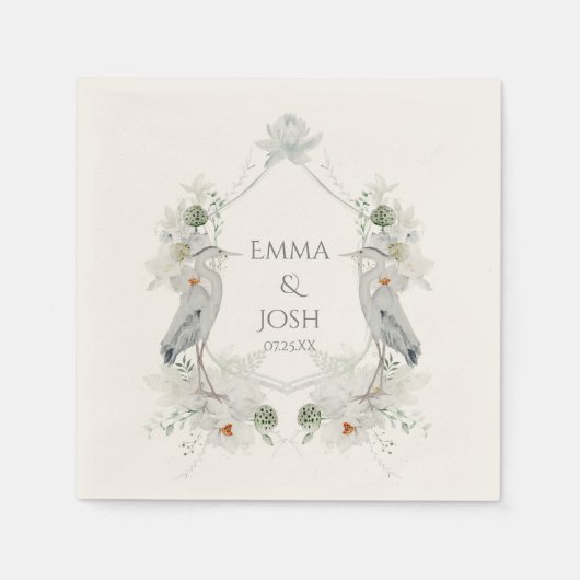 Blauwe Heron Watervogels Witte Bloemen Etherische  Servet (Voorkant)