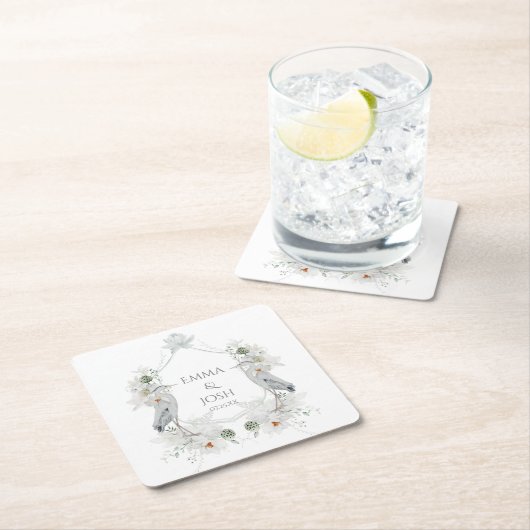 Blauwe Heron Watervogels Witte Bloemen Etherische Vierkante Kartonnen Onderzetter (Insitu)