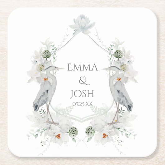 Blauwe Heron Watervogels Witte Bloemen Etherische Vierkante Kartonnen Onderzetter (Voorkant)