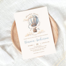 Blauwe Hete Luchtballon Baby shower Invitation