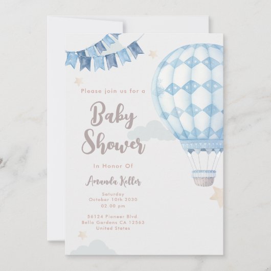 Blauwe hete luchtballon baby shower uitnodiging (Voorkant)