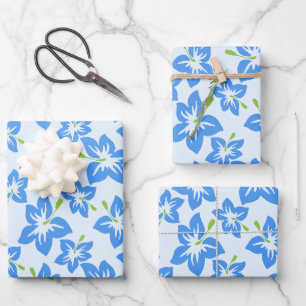 Blauwe Hibiscus, Blauwe Bloemen, Bloempatroon Inpakpapier Vel