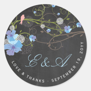 Blauwe Hibiscus & Zwaluwn Florale Schoolbord Huwel Ronde Sticker